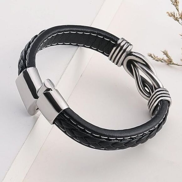🔸️NIB Black "To My Man" Braided Leather Infinity Knot Cuff Bracelet 7.8" - Picture 4 of 11